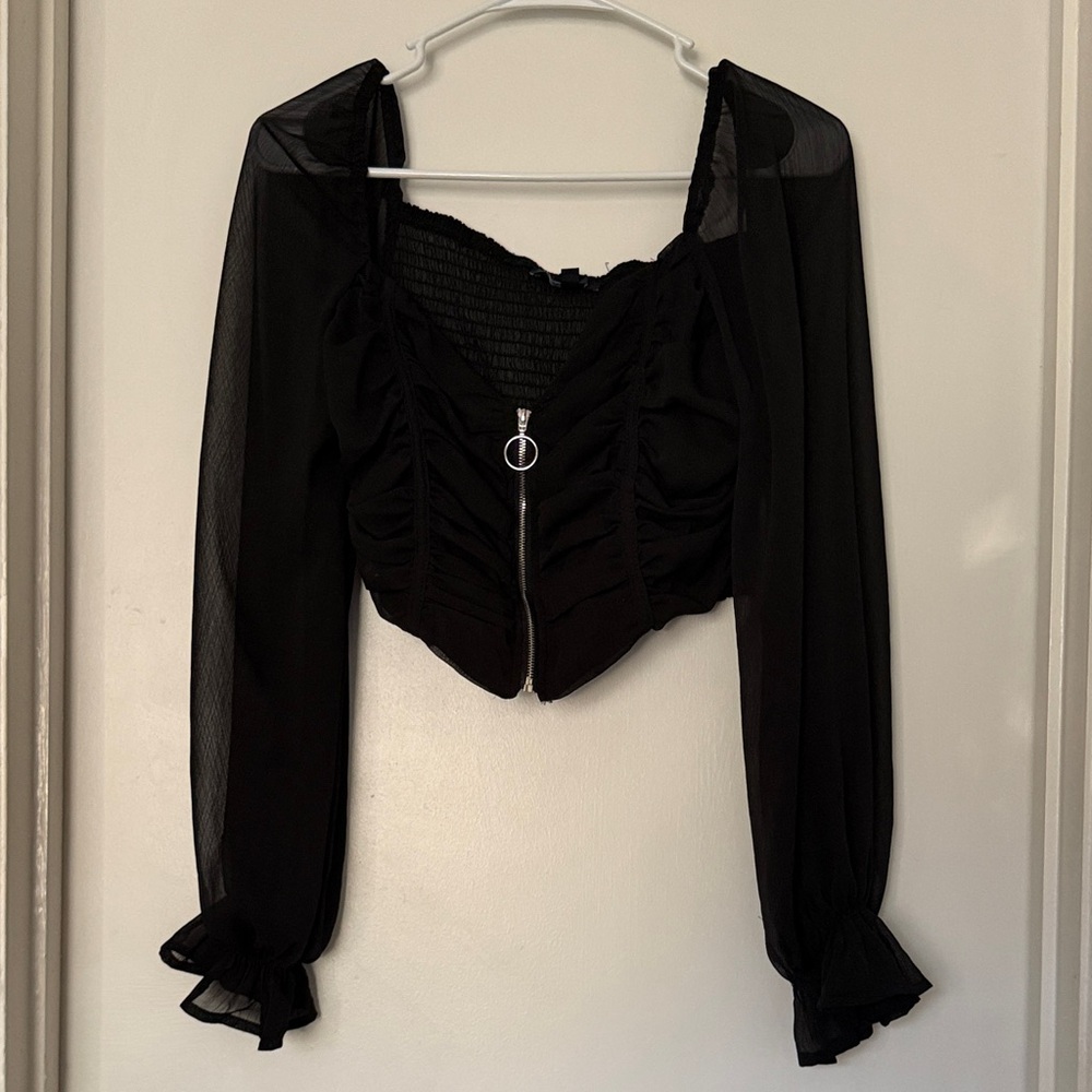 Papaya Black Ruched Blouse with Sheer Sleeves